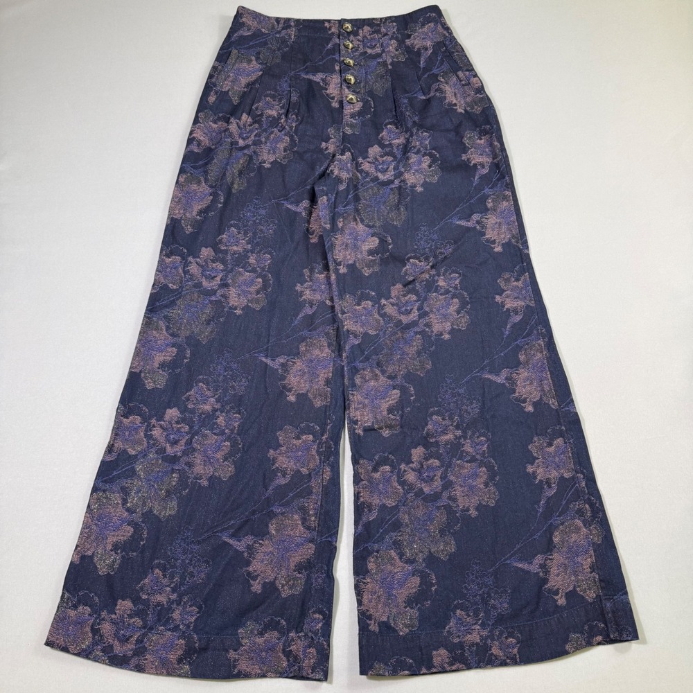 Pilcro Wide Leg Pants Womens 27 (Fits 29x29) Blue Metallic Floral Boho Jacquard